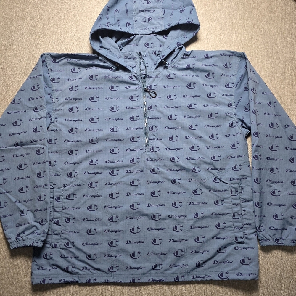 Champion All-Over Logo Print Blue Anorak Windbreaker Jacket Size Men's Large